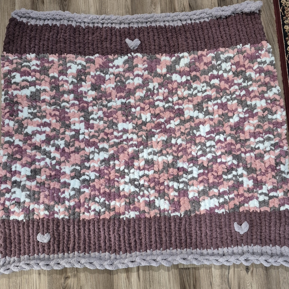 51" X 51" Handmade Pink, Purple and Gray Knitted Blanket